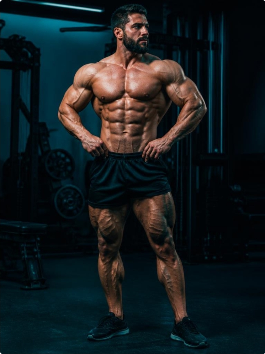 Muscular athlete standing in a dimly lit gym